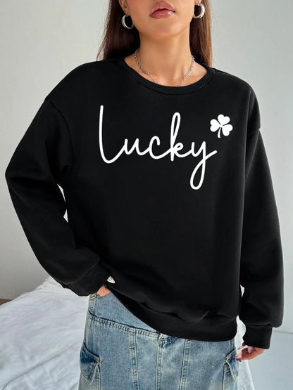 Women Basic Casual Pullover Spring Autumn Long Sleeve Lucky Printed Round Neck