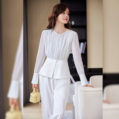 Stitching Ruffle Top Fashionable Wide Leg Pants Suit