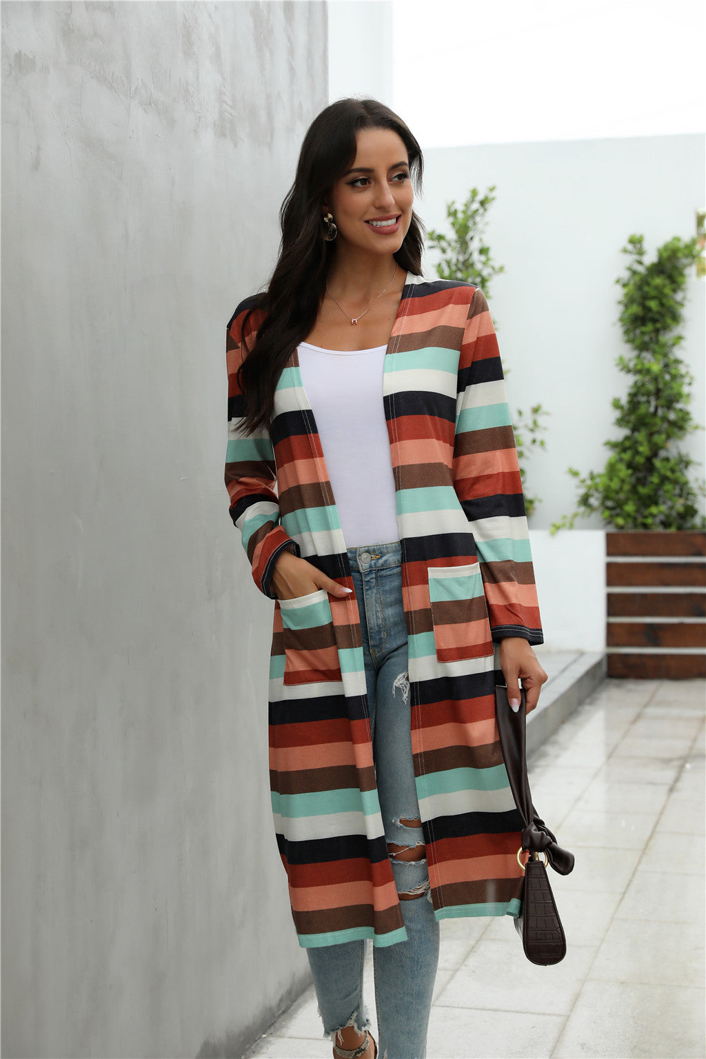 Striped Print Long-Sleeved Cardigan Jacket Women