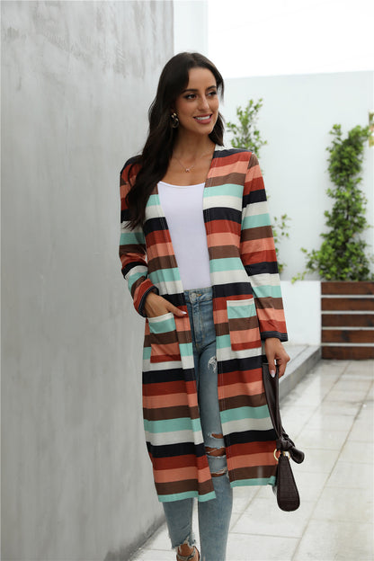 Striped Print Long-Sleeved Cardigan Jacket Women