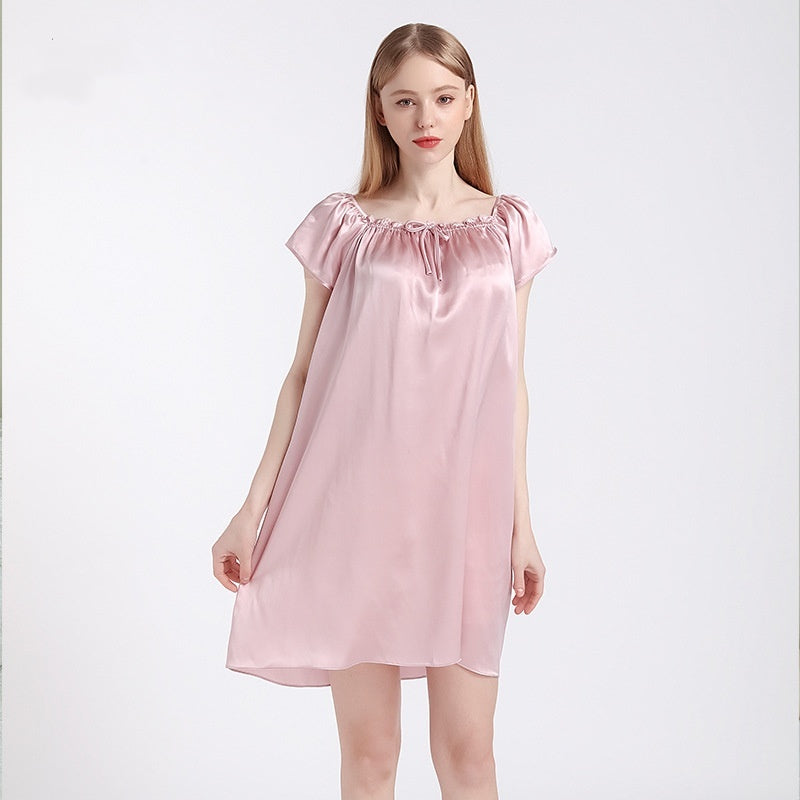 Silk Pajamas Women's Summer Short Sleeve Solid Color Thin Silk Nightdress