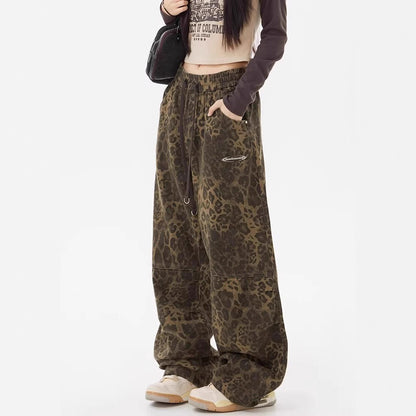 Leopard Print Women's Design Elastic Waist Loose Wide Leg Pants