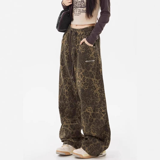 Leopard Print Women's Design Elastic Waist Loose Wide Leg Pants