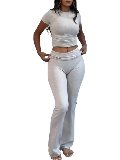 Casual Solid Color Slim Fit Two-piece Pants Set, Short Sleeved Round Neck T-shirt And Tight Flared Pants Sports Pants Clothing, Women's Clothing