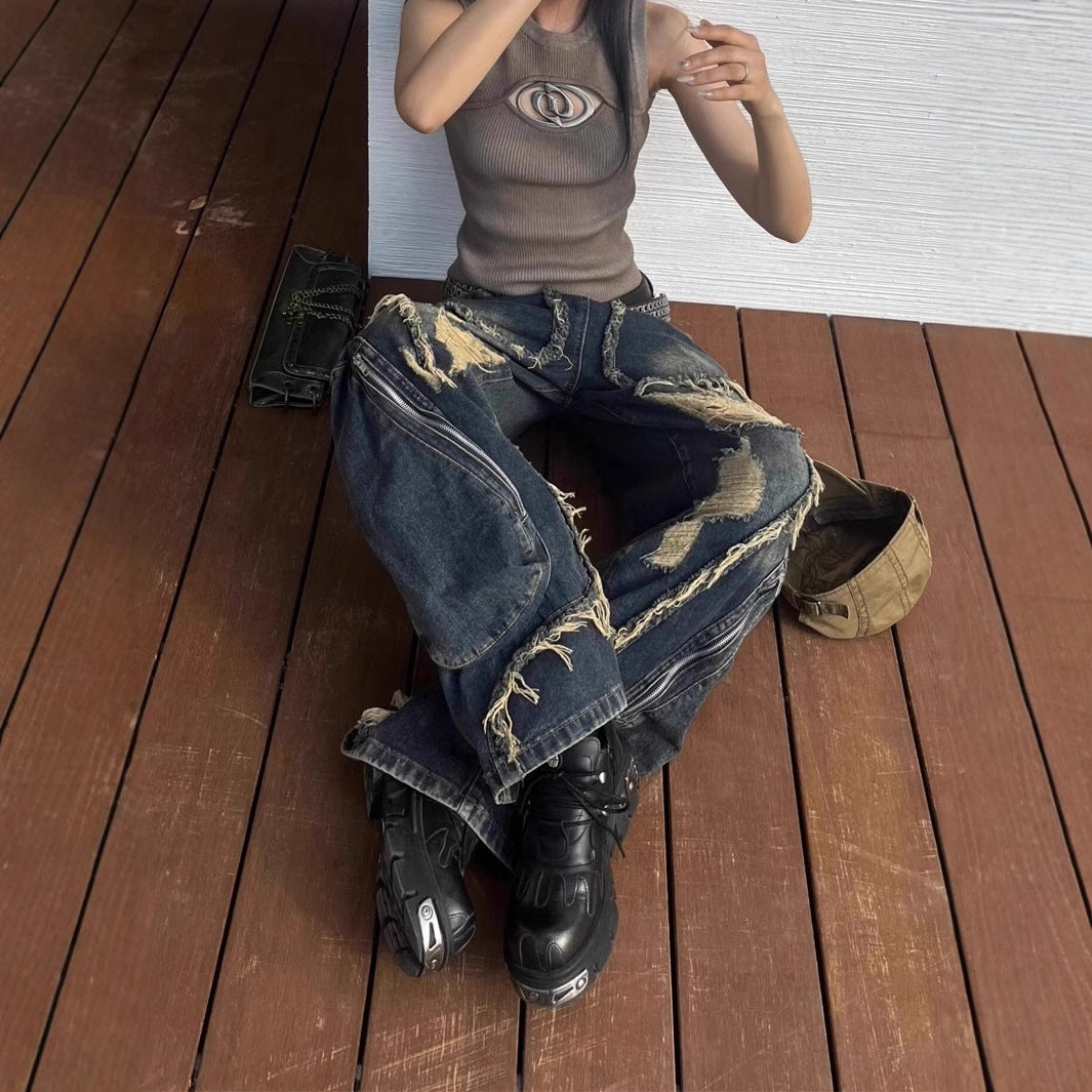 American High Street Design Ripped Jeans Spring And Autumn Retro Distressed Big Pocket