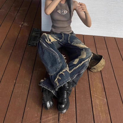 American High Street Design Ripped Jeans Spring And Autumn Retro Distressed Big Pocket