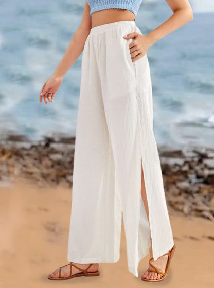 Ladies' Solid Color Transparent Yarn Slit Fashionable Loose Pants