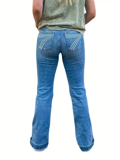 Women's High Waisted Distressed Washed Embroidered Stretch Micro Pull Jeans, Slim Fit Straight Leg Jeans, Suitable For Autumn And Winter Wear, Fashionable Women's Clothing