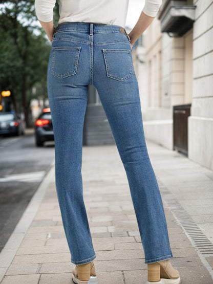 Women's High Waisted Slim Straight Leg Jeans, Deep Blue Stretch Denim, Machine Washable, Suitable For Daily Commuting And Casual Wear In All Seasons, Comfortable And Fashionable