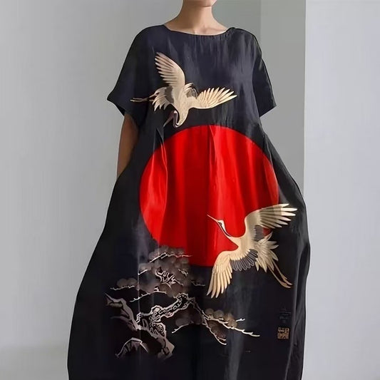 Women's Loose Round Neck Fashion Premium Short Sleeve Printed Dress