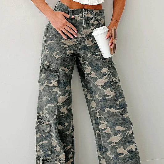 Green Camo Denim Cargo Wide Leg Pants