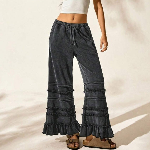 Summer Casual Vacation Style Black Worn Looking Washed-out Loose Flared Pants