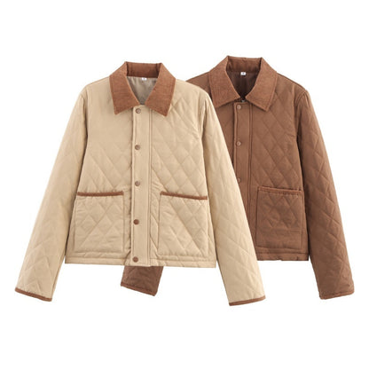 Autumn And Winter Corduroy Lapel Diamond Plaid Short Cotton Jacket All-matching