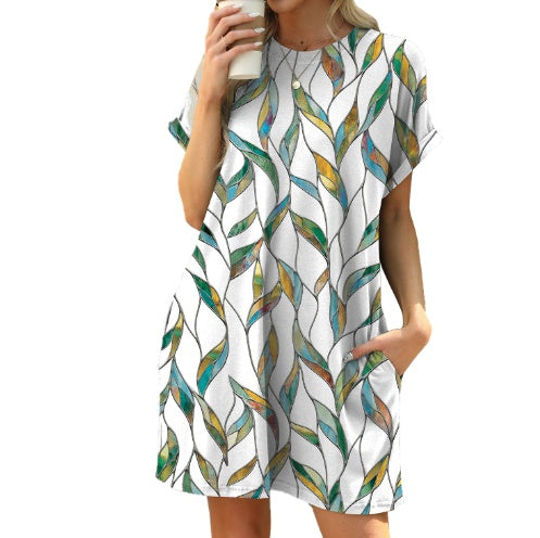 Loose Crew Neck Short Sleeve Printed Pocket Dress