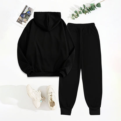 Women's Solid 2-Piece Set Letter Print Hoodie With Pocket & Drawstring Jogger Pants Casual Tracksuit