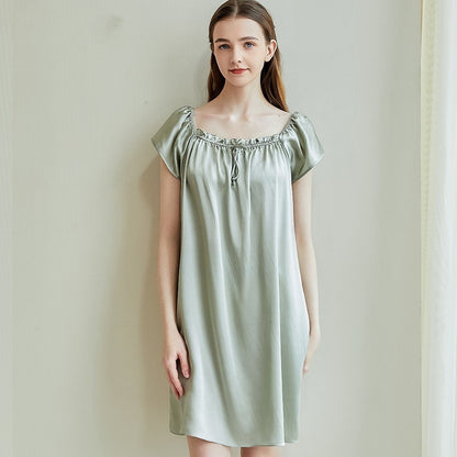 Silk Pajamas Women's Summer Short Sleeve Solid Color Thin Silk Nightdress