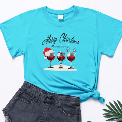 Christmas Three Wine Glasses Print Short Sleeve