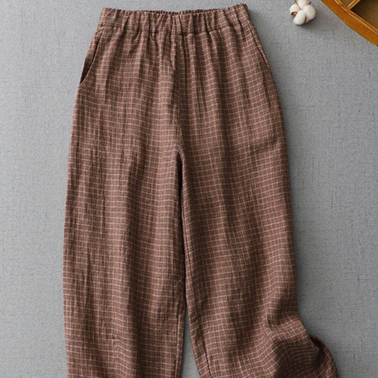 Plaid Linen Pants Women's Casual Plus Size