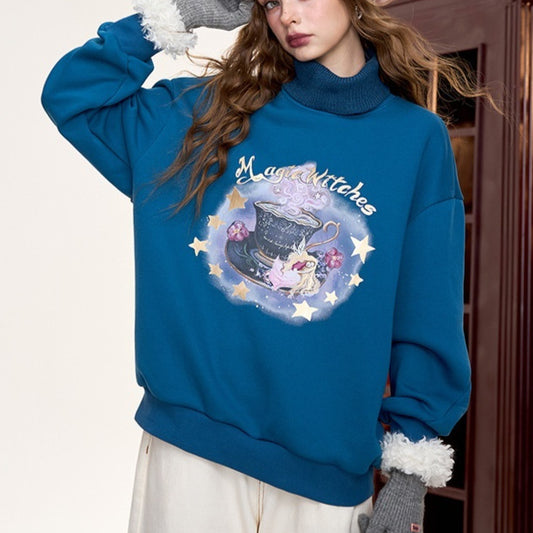 Retro American Fleece Printed Fake Two Pieces Loose Sweater Women