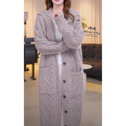 High Collar Thickened Twist Sweater Coat, Gray Cozy Over-knee Knitted Cardigan Long Sweater, Boho Women Sweater, Womens Winner Clothing