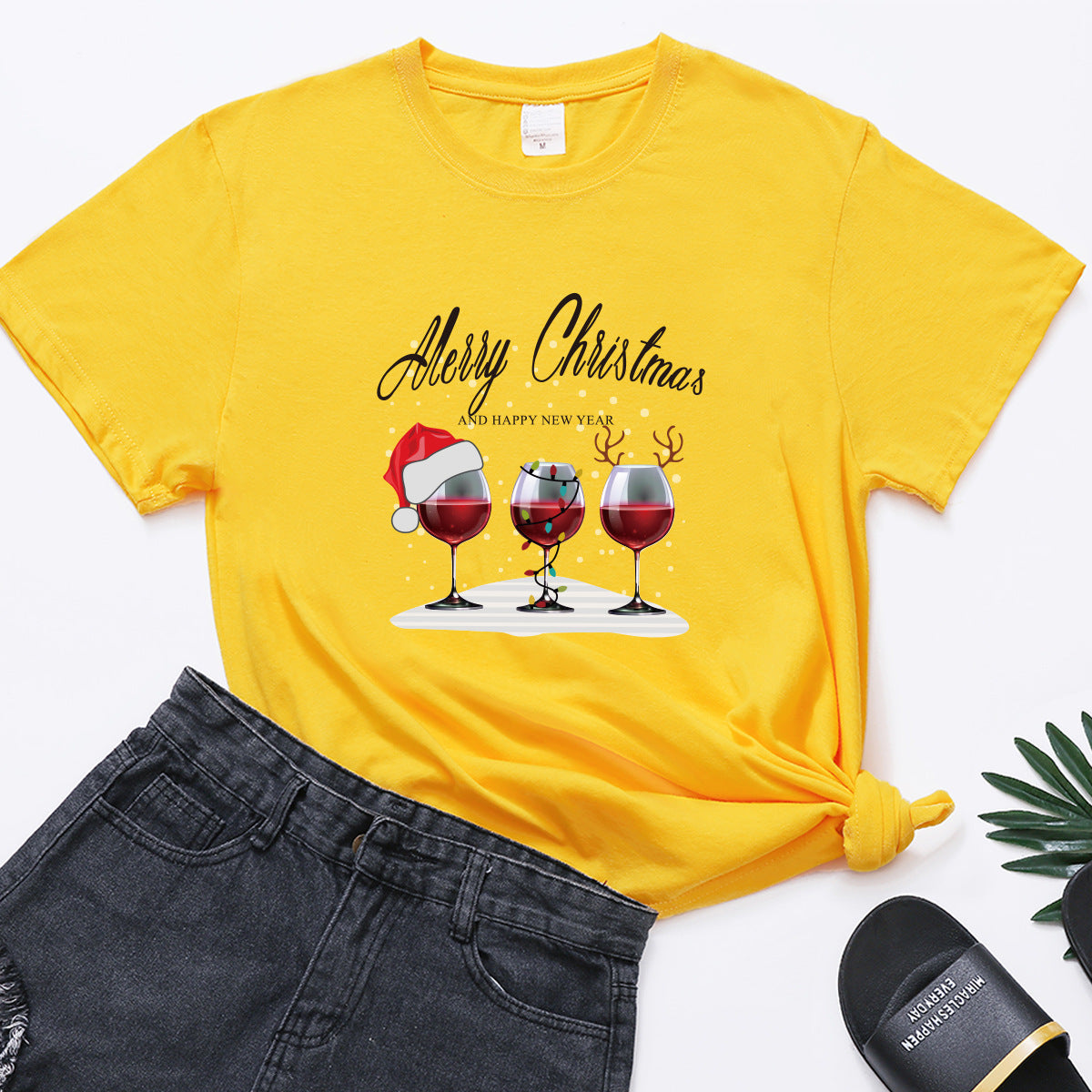 Christmas Three Wine Glasses Print Short Sleeve