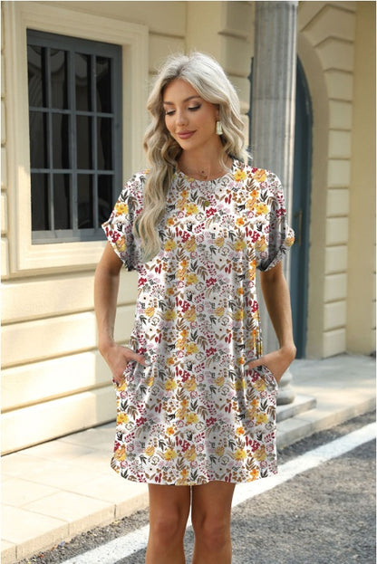 Loose Crew Neck Short Sleeve Printed Pocket Dress