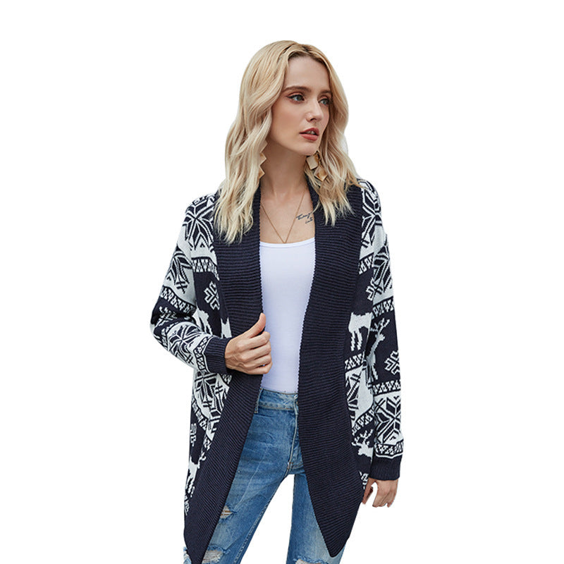 Women's knitted cardigan featuring a charming fawn pattern for a trendy look. 