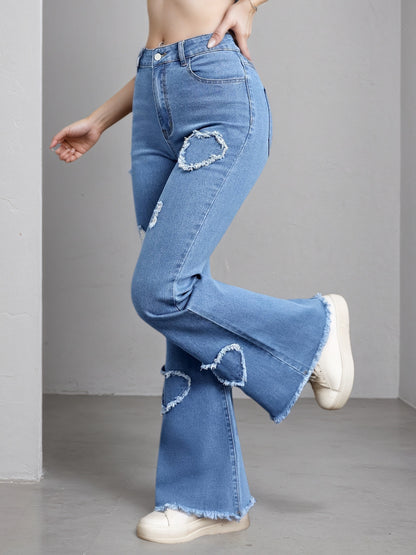2025 New Women'S High-Stretch Flare Jeans With Heart Embroidery Patchwork - Trendy Distressed Denim Bell Bottoms, Comfortable & Versatile Light Blue Casual Pants,Fashion And Leisure