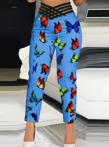 Ladies' Butterfly Printed High Waisted Hollow Out Casual Slim Fit Pants