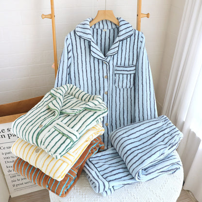 Striped Flannel Couple Lapel Pajamas Suit