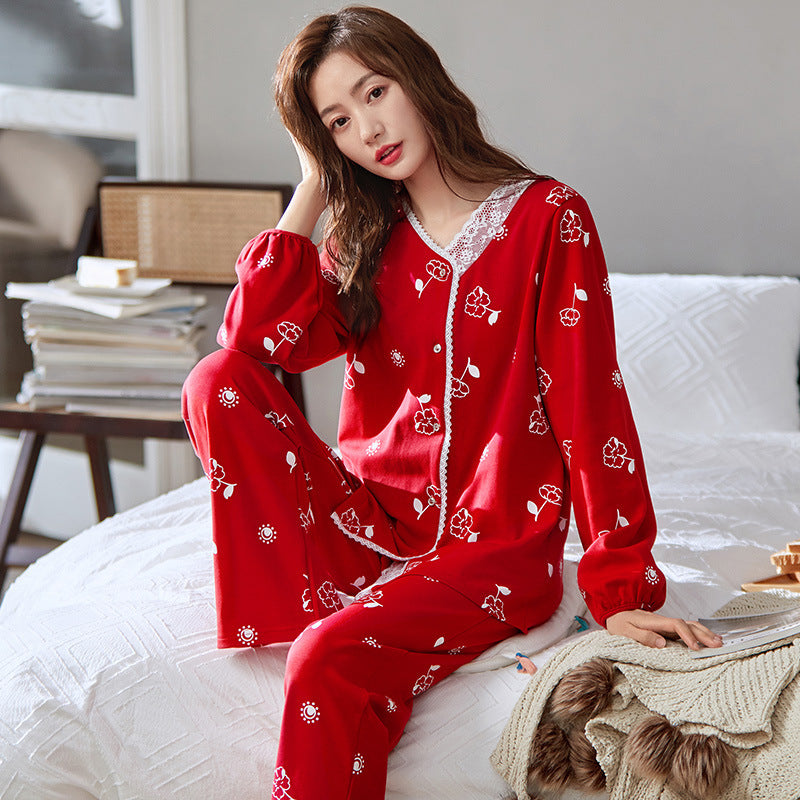 Red Full-Cotton House-wear For Women Suit