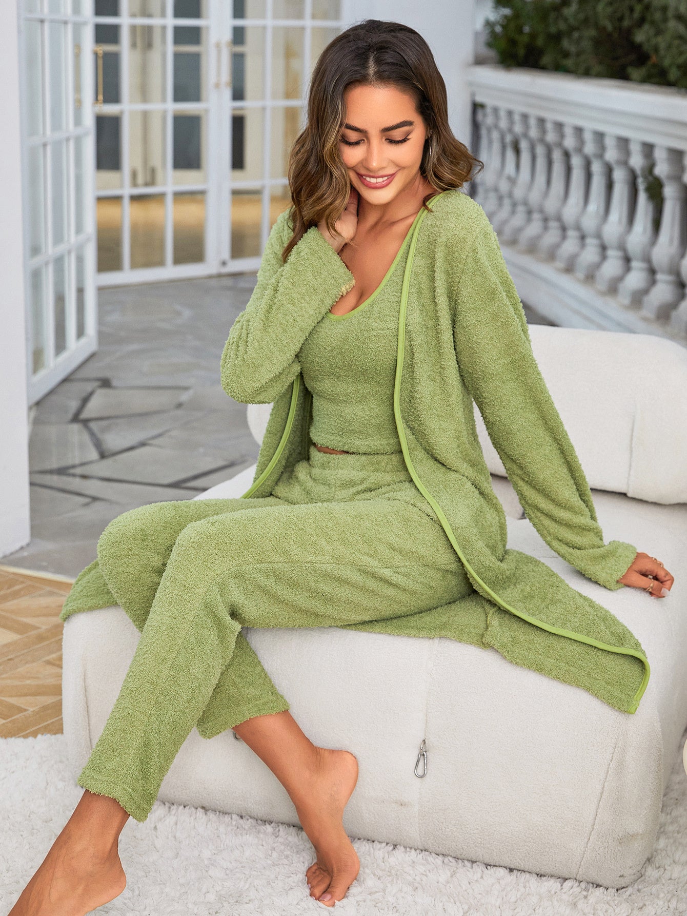 Women's Fuzzy 3 Piece Sweatsuit Open Front Cardigan Crop Tank Tops Wide Legs Pants Lounge Sets