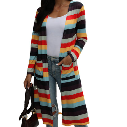 Striped Print Long-Sleeved Cardigan Jacket Women