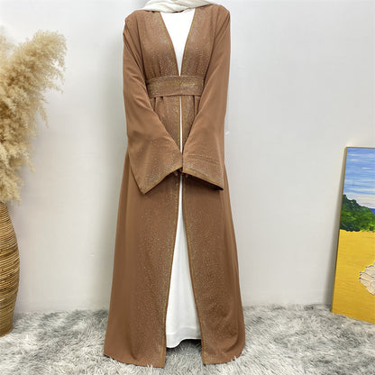 Middle East Dubai Hot Sale Rhinestone Lace-up Cardigan With Pocket Dress