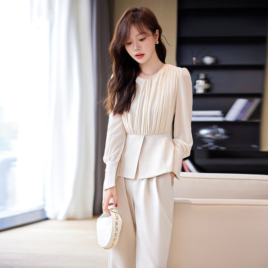 Stitching Ruffle Top Fashionable Wide Leg Pants Suit