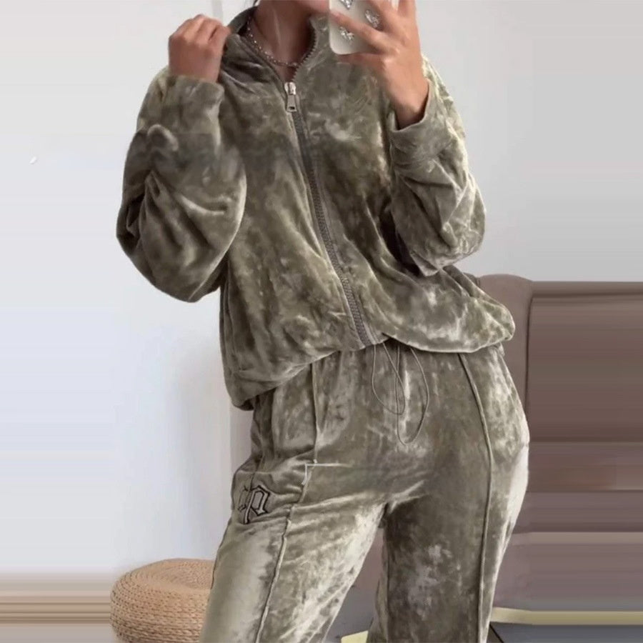 Fashionable New Women's Clothing Gold Velvet Hooded Top And Trousers Suit