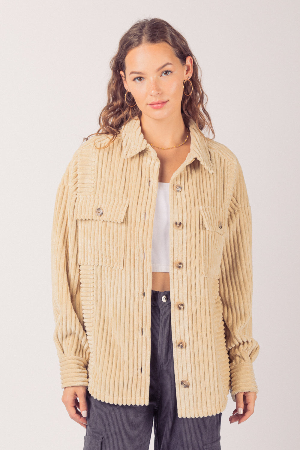 Women's Fashion Big Pit Strip Large Pocket Shirt Coat