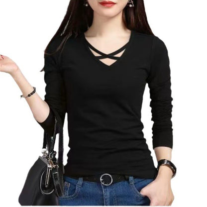 Spring And Autumn Long Sleeve Slim Fit Plus Size V-neck Cross Bottoming Shirt Top For Women