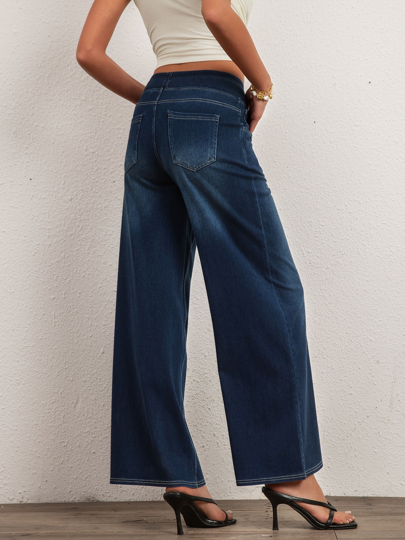 Shascullfites High Waist Straight Jeans For Women Stretchy Dark Blue Casual Loose Wide Leg Trousers