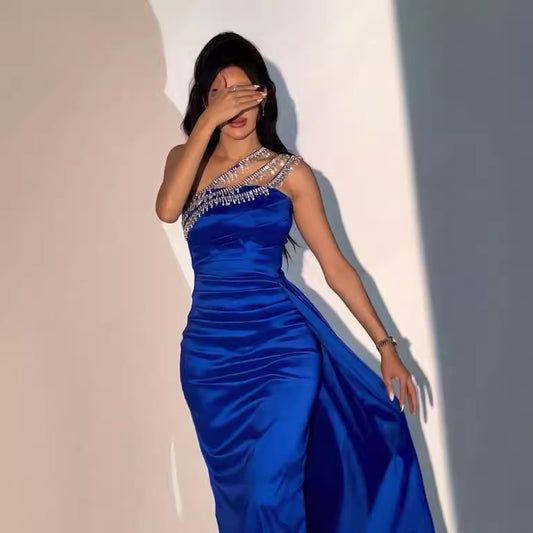 High-end Women's Slant-shoulder Diamond Evening Dress