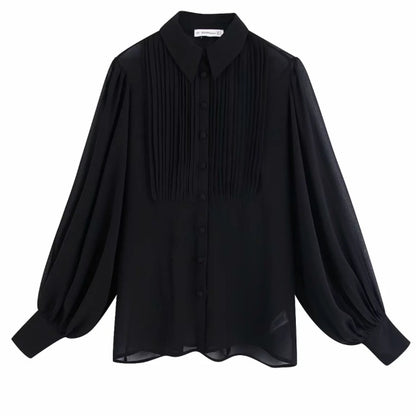 Women's shirt with slim lapel straight sleeve lantern sleeve