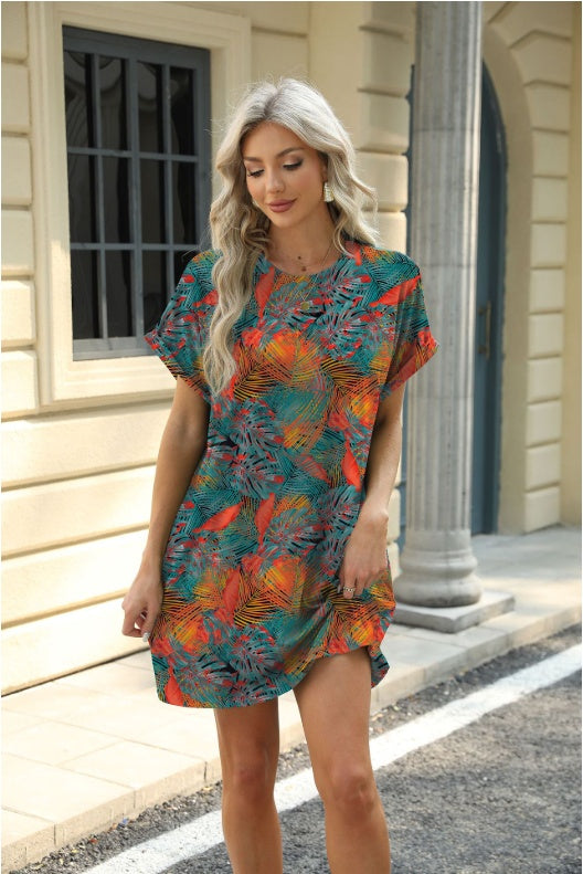 Loose Crew Neck Short Sleeve Printed Pocket Dress