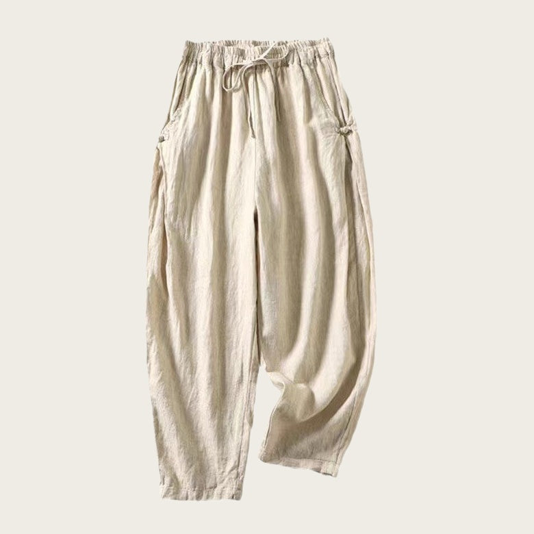 Cotton Cropped Pants Loose Thin Buckle High Waist Lace Up Casual Harem Pants