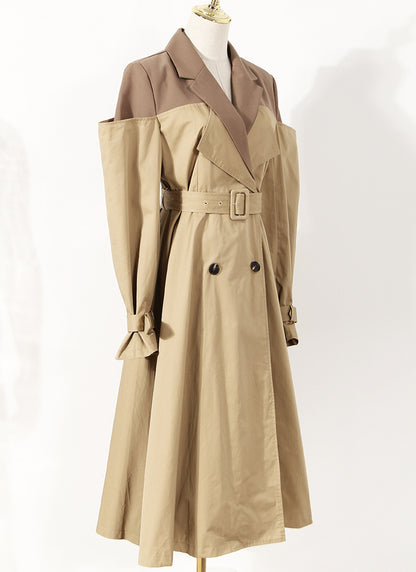 Two-color Knot Fake Two Pieces Suit Collar Trench Coat Female Dress