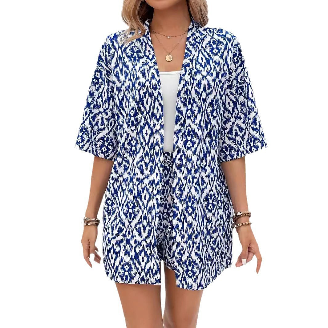 Fashion Loose Print Cardigan Suit Women