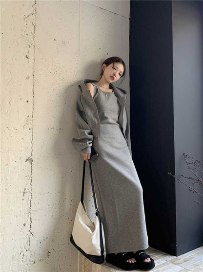 Fashion Retro Melange Gray Casual Women's Hooded Cardigan Coat