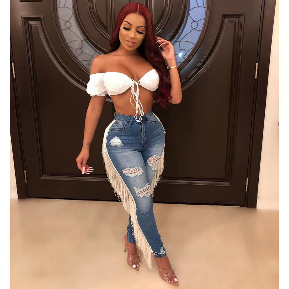 Ladies' Ripped Tassel Jeans, Fashionable And Personalized Street Style Denim Pants, Pencil Pants, And Leggings