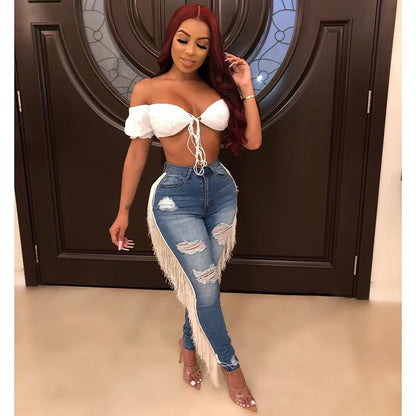 Ladies' Ripped Tassel Jeans, Fashionable And Personalized Street Style Denim Pants, Pencil Pants, And Leggings