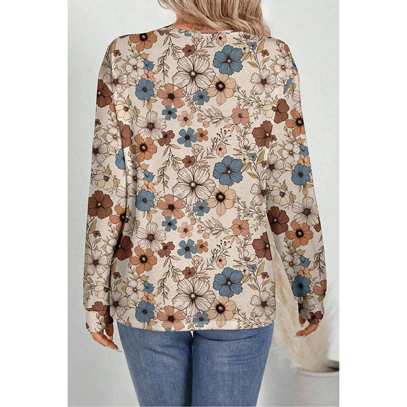 Women's Round Neck Pullover European And American Leisure All-match Floral Print Sweater