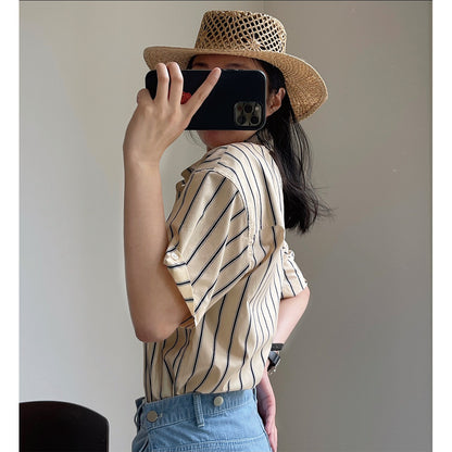 New Literary Retro Lapel Striped Short-sleeved Shirt Loose And Thin